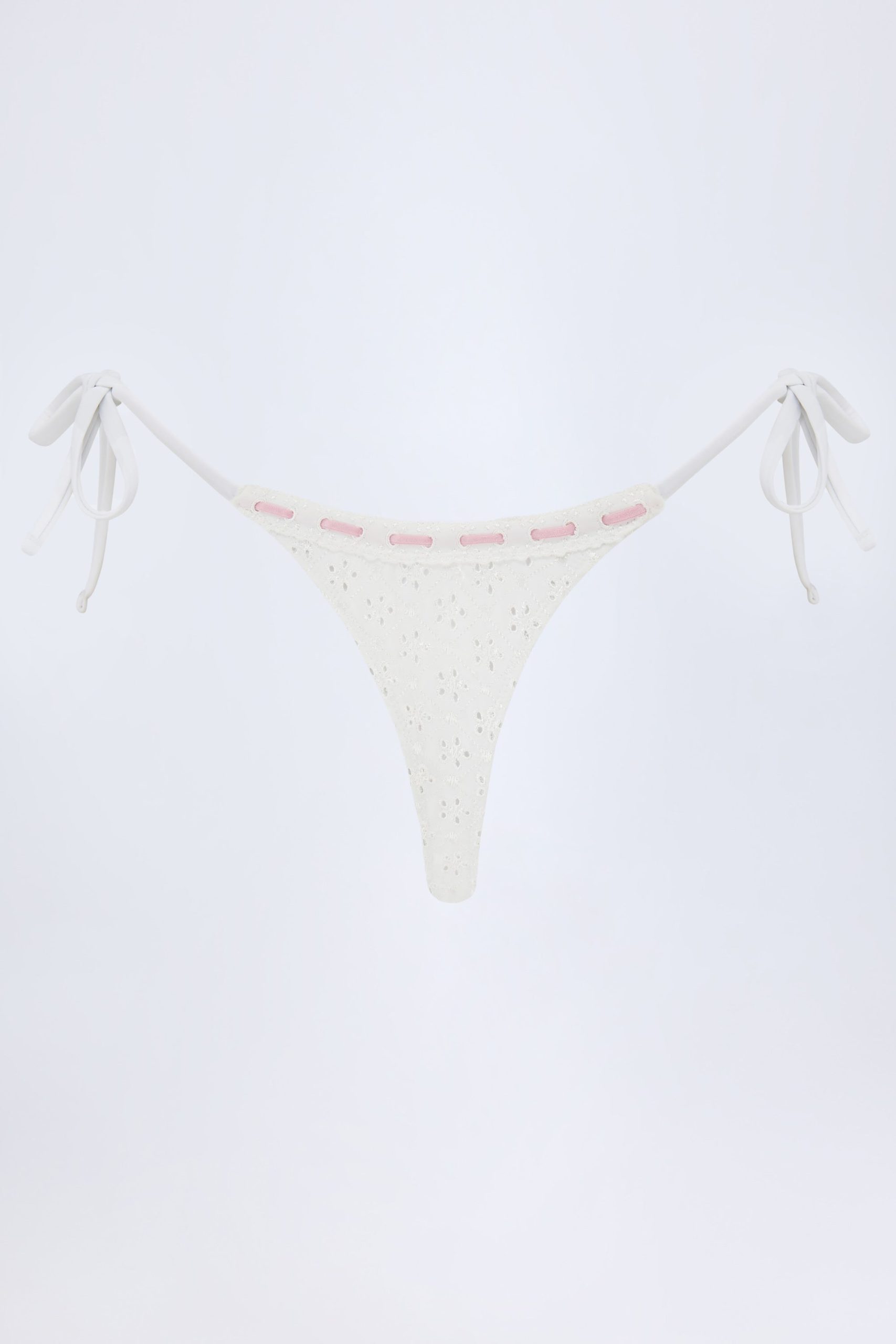 Broderie Anglaise Side-Tie Thong Bikini Bottoms in White - Image 3