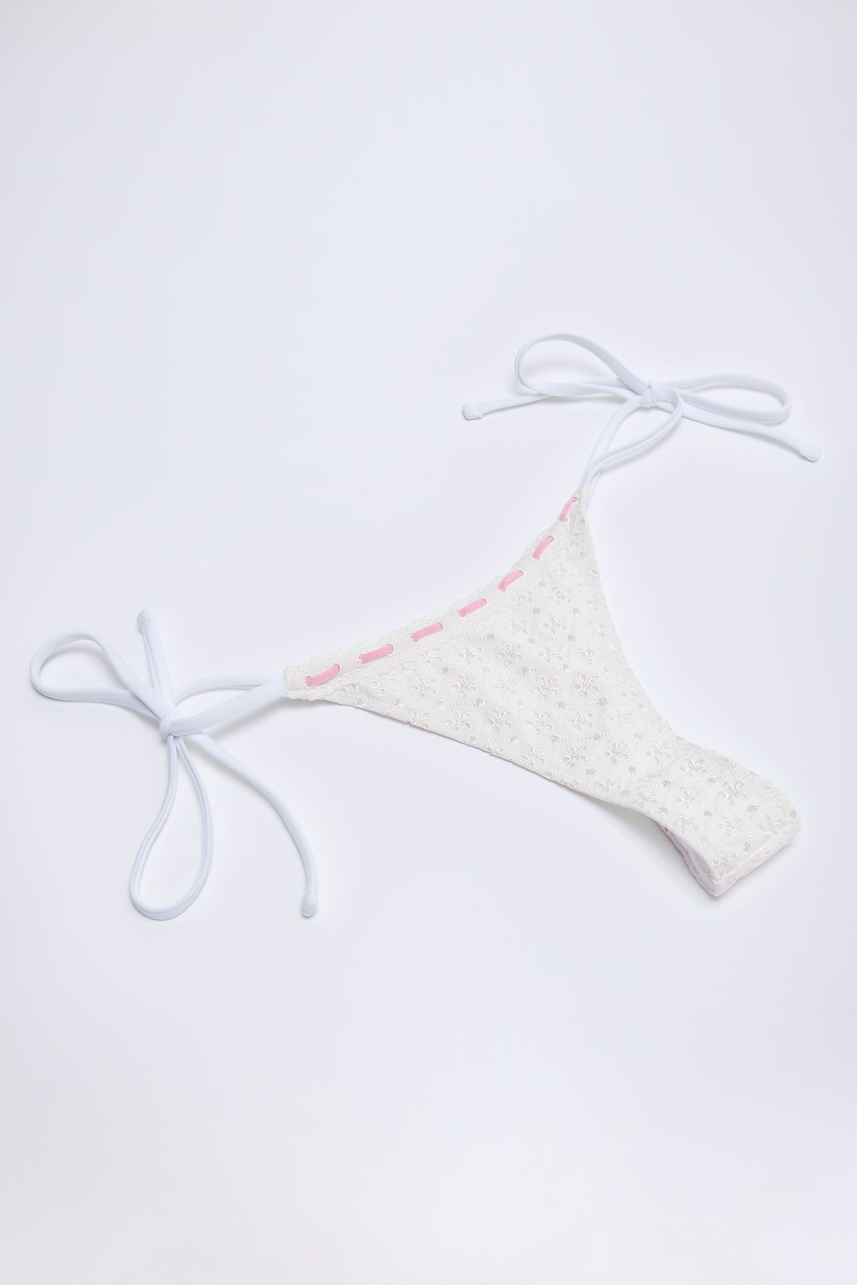 Broderie Anglaise Side-Tie Thong Bikini Bottoms in White - Image 4