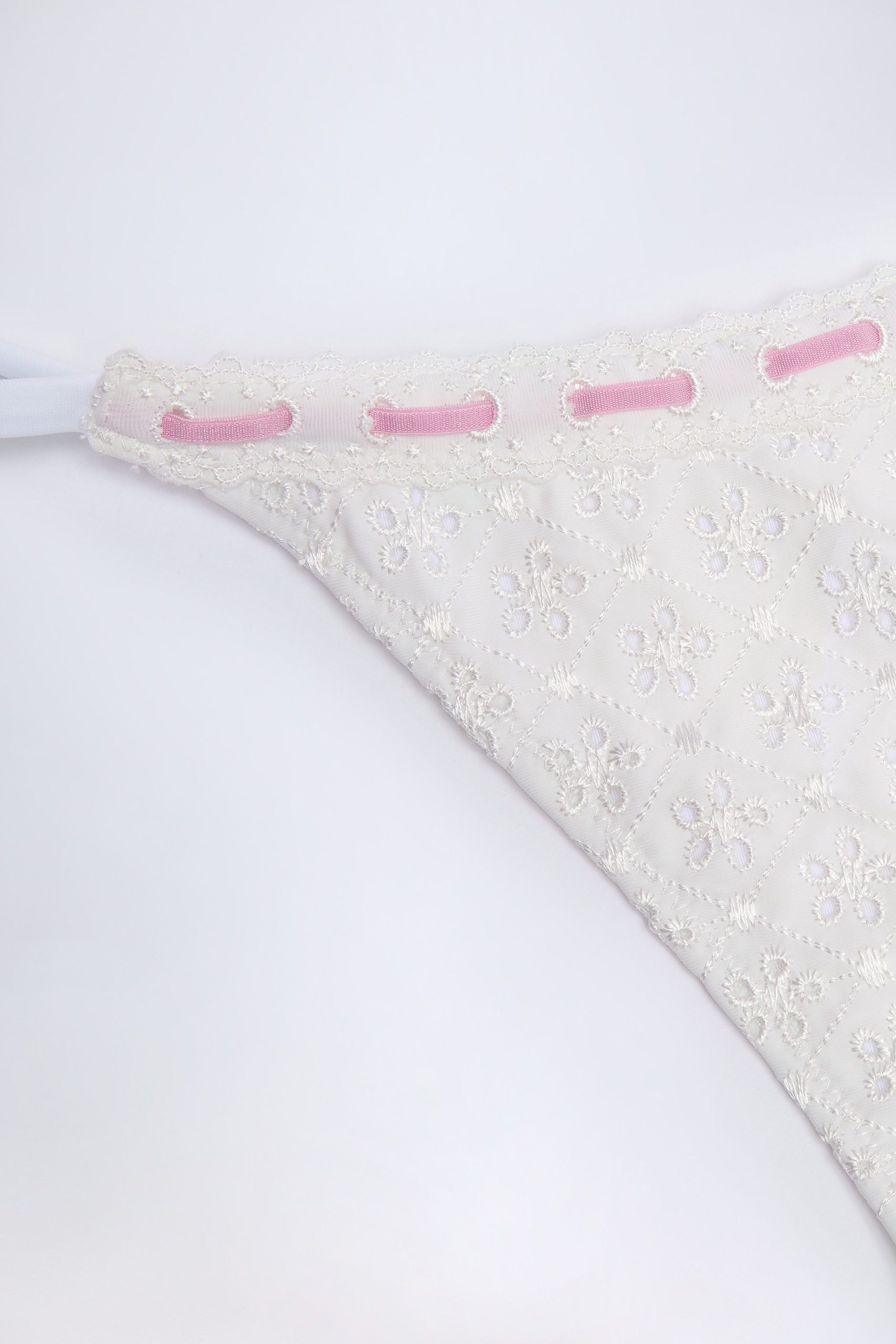 Broderie Anglaise Side-Tie Thong Bikini Bottoms in White - Image 5