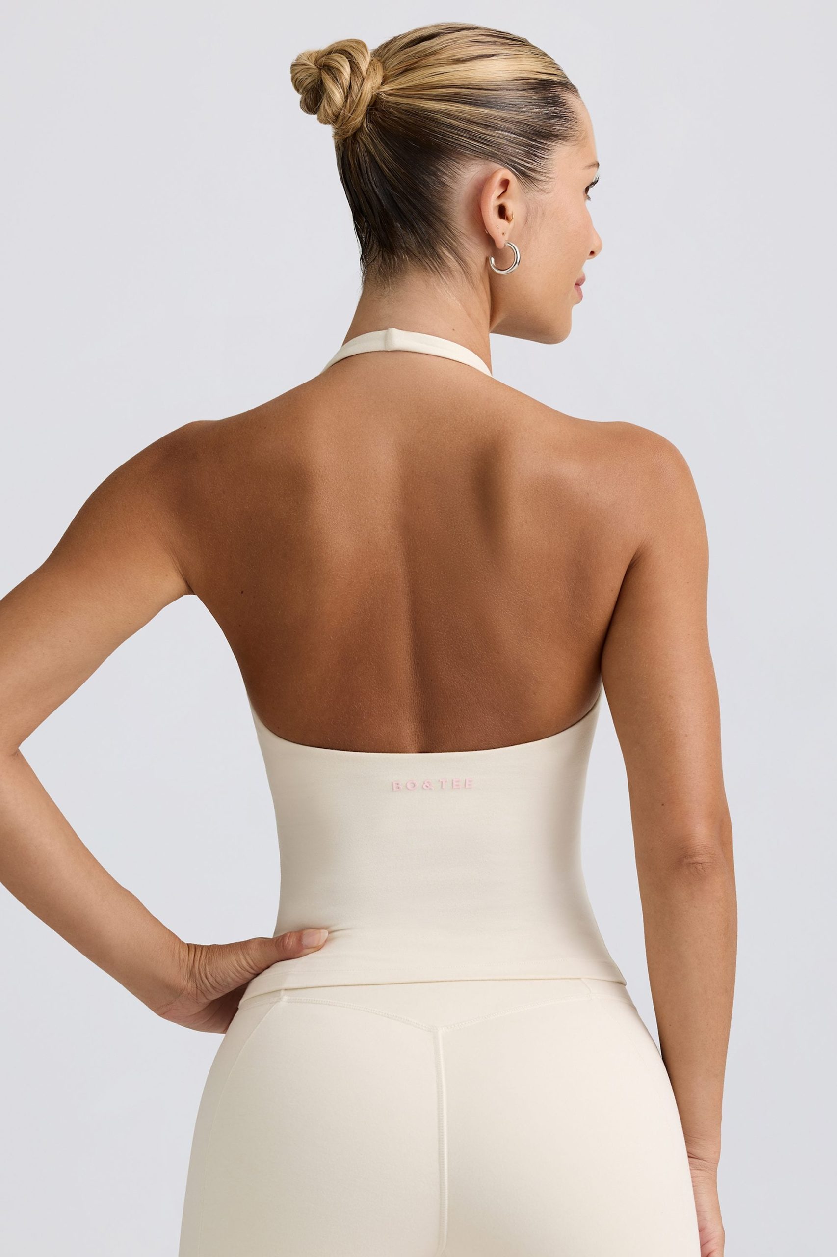 Halterneck Open-Back Tank Top in Ivory Marl - Image 2